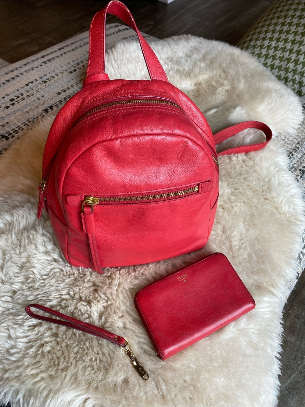 Fossil Red Leather Backpack and Wallet Set